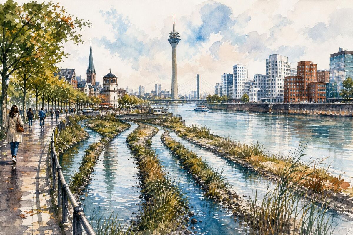 Düsselmündung in Düsseldorf: vier Orte, Entfernungen und Highlights