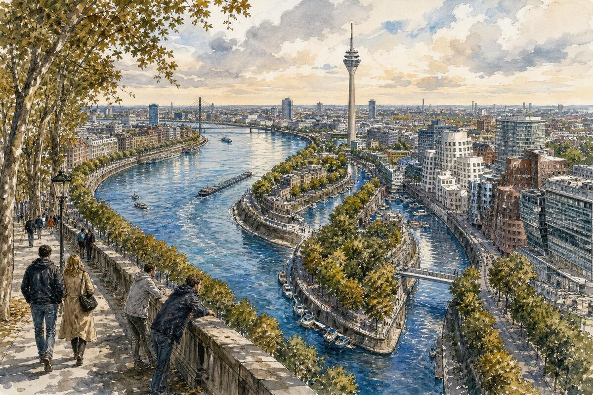 Flusslauf Düsseldorf: Stadtplan, Luftbilder und Routentipps