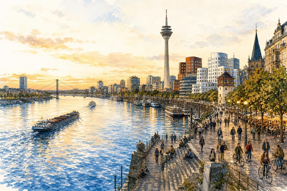 Übersicht der Rhein-Stadtteile: Altstadt, MedienHafen und Uferpromenade