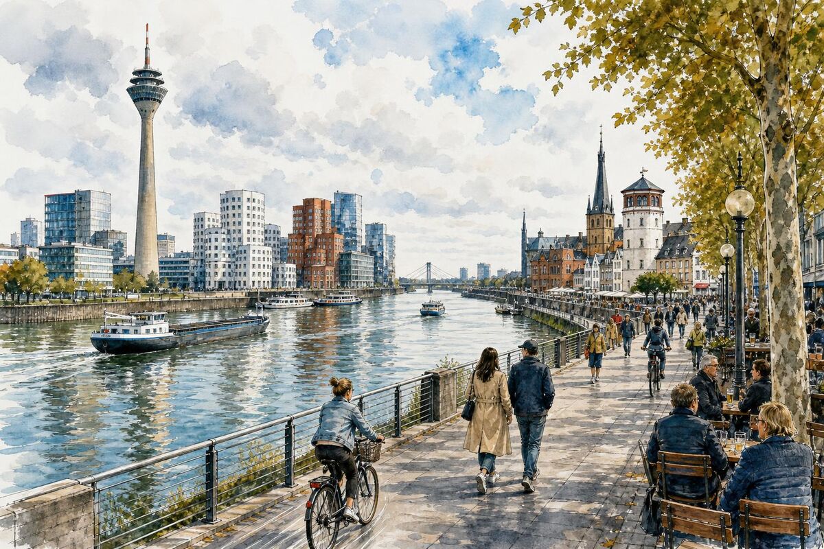 Rheinabschnitte Düsseldorf: Stadtteile am Wasser, Promenade und Sichtpunkte