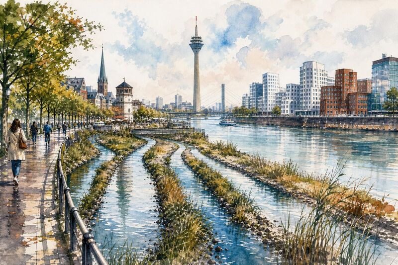 Düsselmündung in Düsseldorf: vier Orte, Entfernungen und Highlights