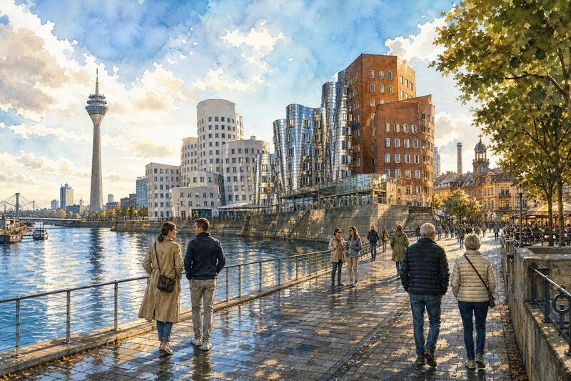 Düsseldorfer Medienhafen: Warum er am Rhein liegt und was die Promenade macht