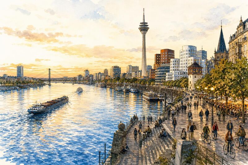 Übersicht der Rhein-Stadtteile: Altstadt, MedienHafen und Uferpromenade
